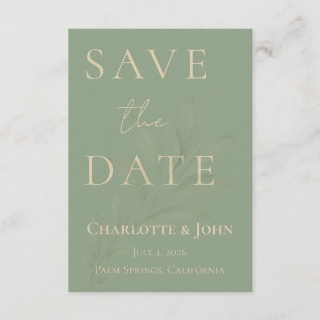 Minimalist Sage Green Wedding Save the Date Card (Front)