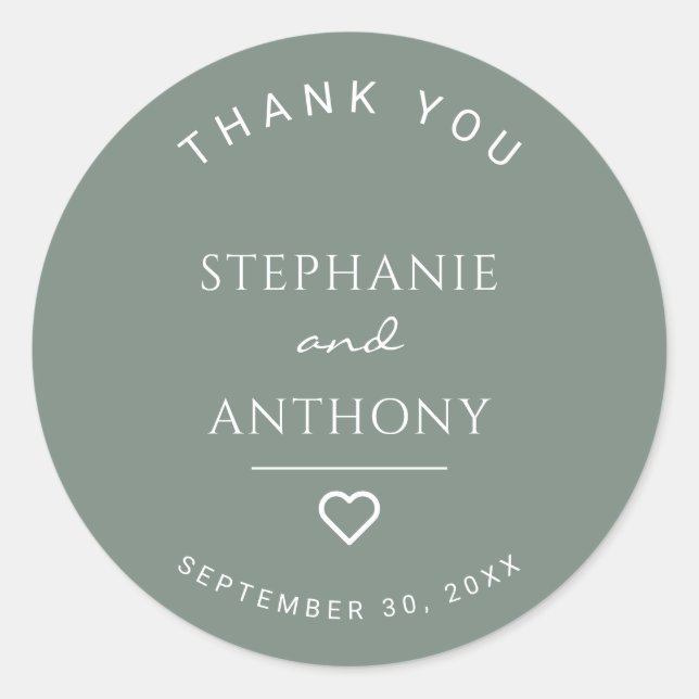 Minimalist Sage Green with Heart Modern Wedding  Classic Round Sticker (Front)