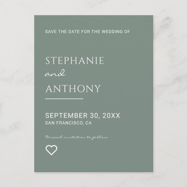 Minimalist Sage Green with Heart Wedding  Announcement Postcard (Front)