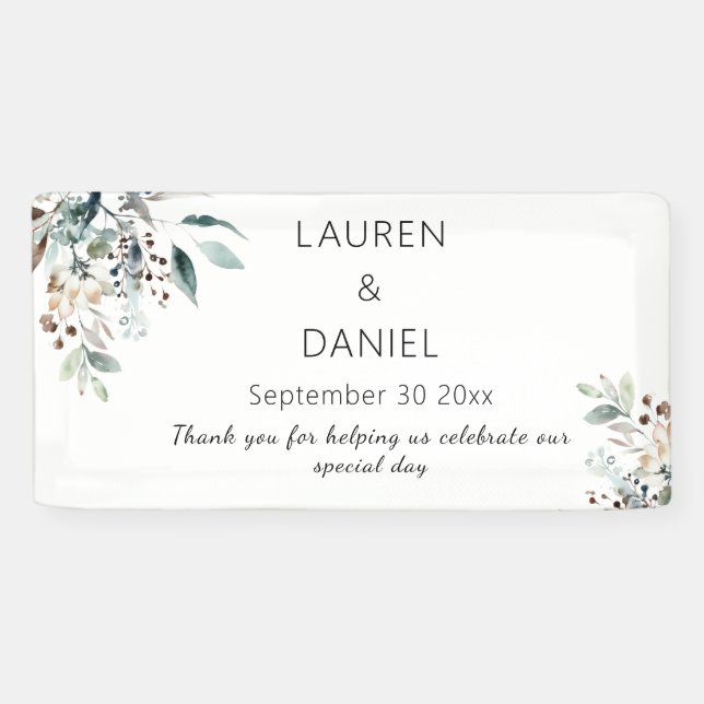 Minimalist Sage Leaves Names Wedding Thank You  Banner (Horizontal)