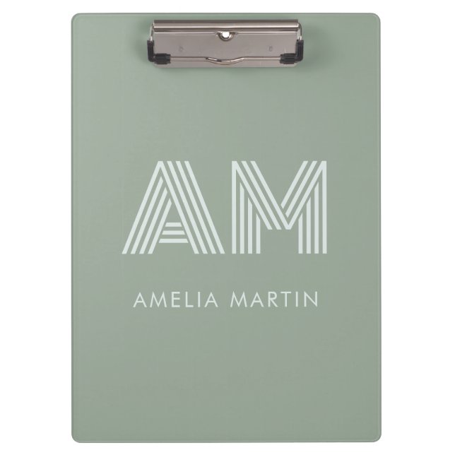 Minimalist Sage Matcha Green Monogram Clipboard (Front)