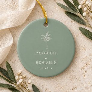 Minimalist Sage Palm Tree Line Art Custom Wedding Ceramic Tree Decoration