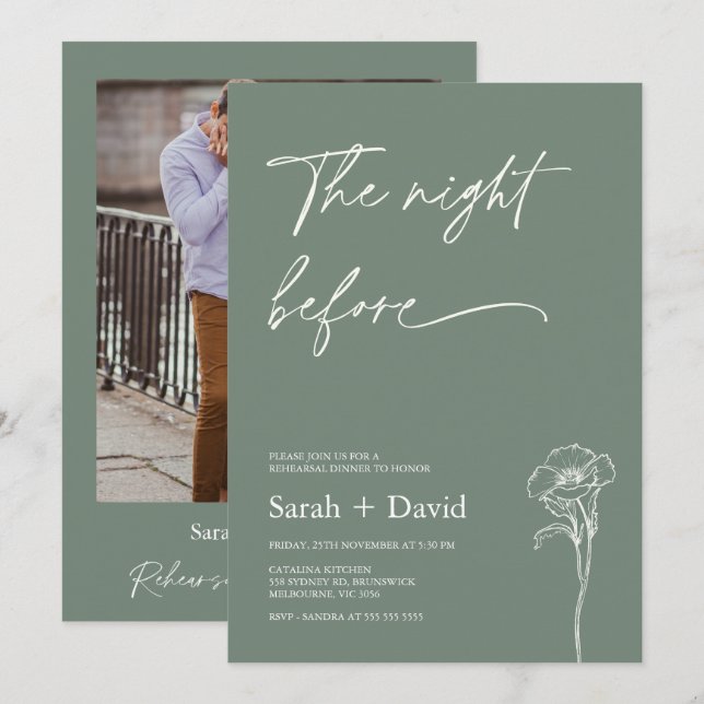Minimalist Sage Photo Floral Rehearsal Dinner  Invitation (Front/Back)