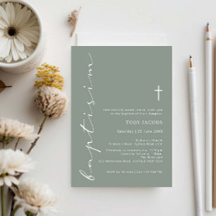 Minimalist Sage Script Baptism Typography Invitation