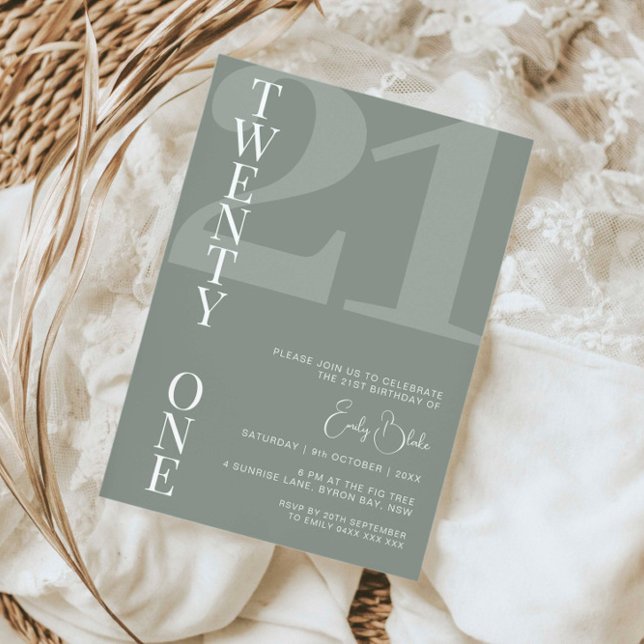Minimalist Sage Twenty One 21st Birthday Party Invitation (Creator Uploaded)