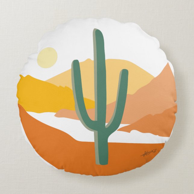 Minimalist Saguaro Cactus Desert Landscape Round Cushion (Front)