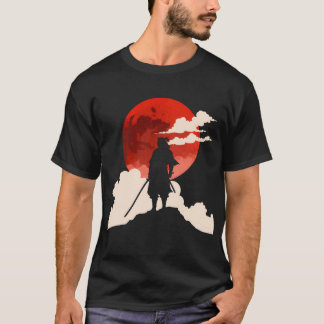 Minimalist Samurai Silhouette Under Red Moon T-Shirt