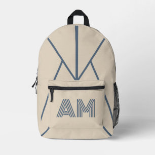 Minimalist Sand Beige and Slate Blue Monogram Printed Backpack