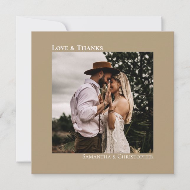 Minimalist Sandy Tan Simple Wedding Photo Love & Thank You Card (Front)