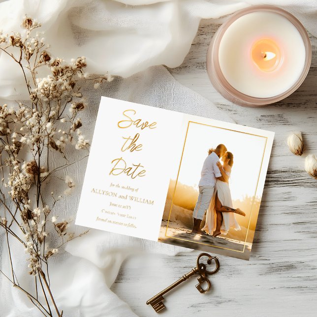 Minimalist Save the Date Photo Elegant Wedding (Simply Elegant Minimalist Photo | Script Text Save the Date Foil Invitation)