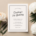 Minimalist scalloped 21st birthday party invitation<br><div class="desc">Designed to coordinate with our Scalloped Border Collection, this minimalist 21st birthday party invitation features a classic design with a unique twist - the scalloped border is one of a kind, and will surely add a slight retro feel to this modern invitation. If you want to catch your guest's attention...</div>