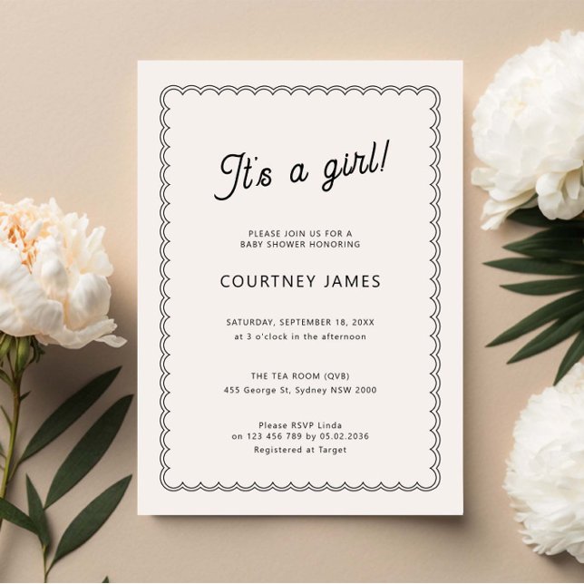 Minimalist scalloped it's a girl baby shower invitation (Creator Uploaded)