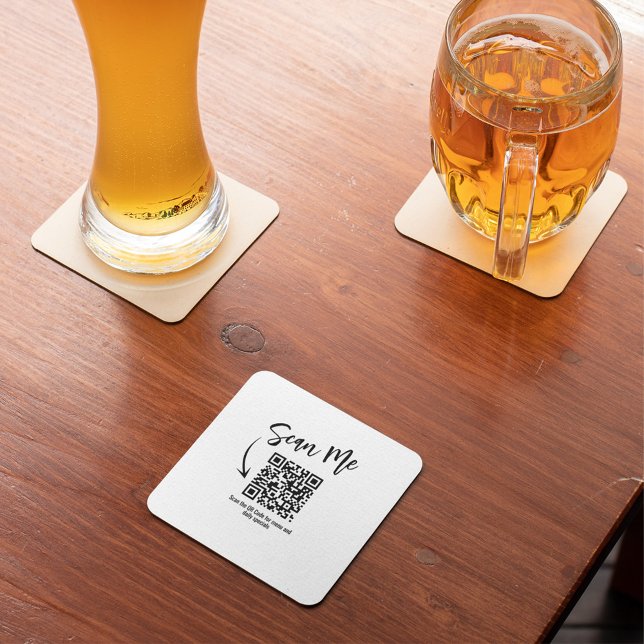 Minimalist Scan Me QR Code Restaurant Design Square Paper Coaster (Minimalist black and white Scan Me QR code coaster.)
