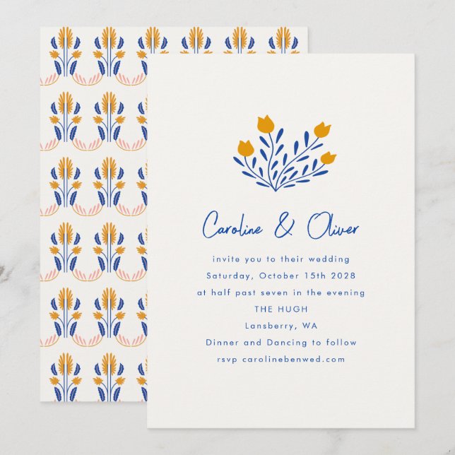 Minimalist Scandi Folk Floral Blue Yellow Wedding  Invitation (Front/Back)