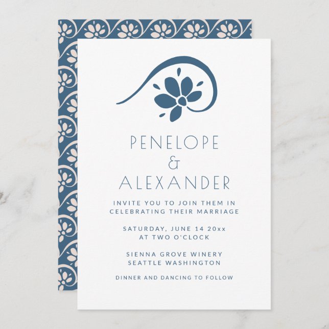Minimalist Scandinavian Blue Floral Wedding Invitation (Front/Back)
