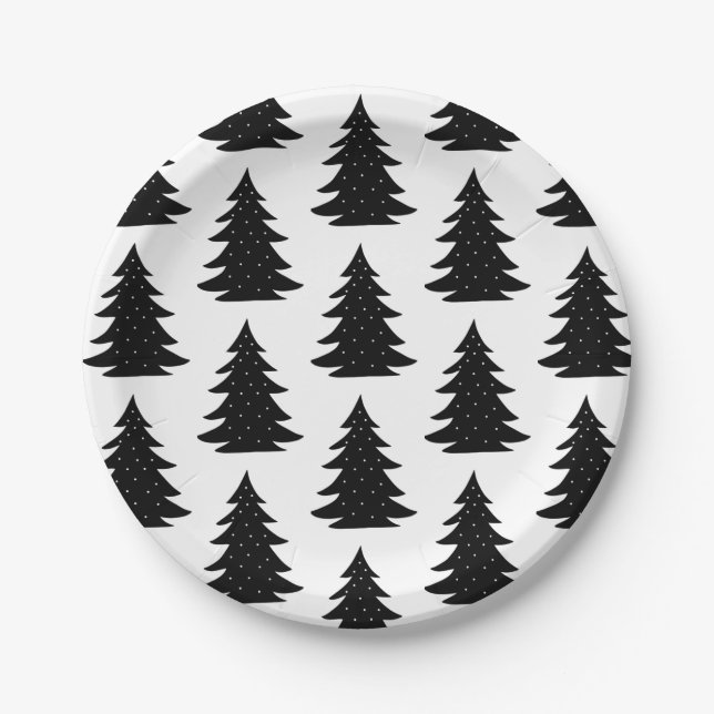 Minimalist Scandinavian Folk Black Christmas Tree  Paper Plate (Front)