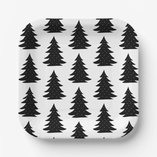 Minimalist Scandinavian Folk Black Christmas Tree  Paper Plate (Front)