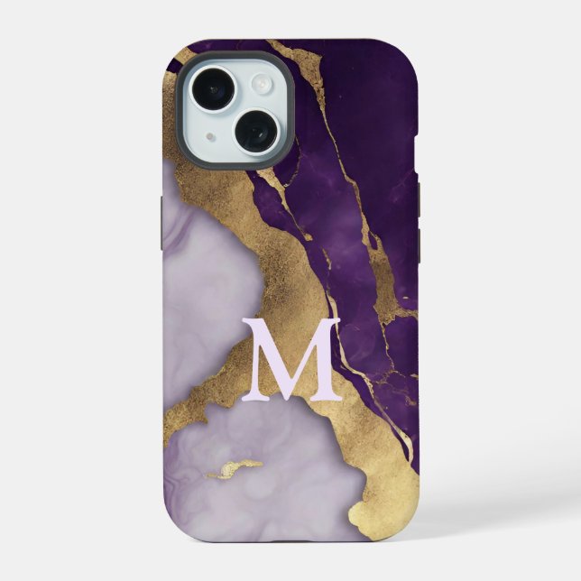 Minimalist Scandinavian Purple Marble Monogram iPhone 15 Case (Back)