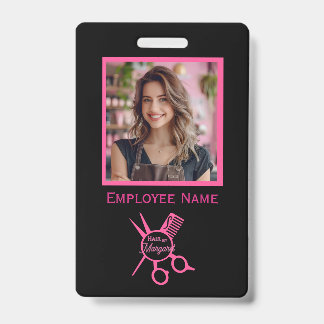 Minimalist Scissor Pink Photo Logo Hair Salon ID Badge