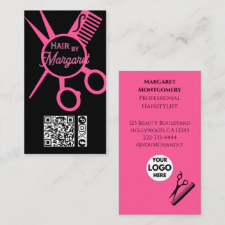 Minimalist Scissors Pink Black QR Code Hair Salon Business Card
