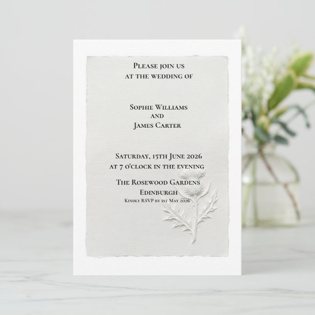 Minimalist Scottish Thistle Botanical Wedding Invitation (Standing Front)