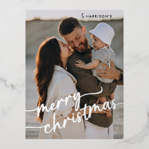 Minimalist Script 1 Photo Merry Christmas Real Foil Holiday Postcard