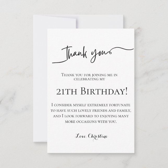 Minimalist script 21th birthday  thank you card (Front)