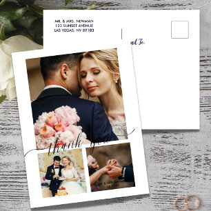 Minimalist Script 3 Photo Wedding Thank You Postcard