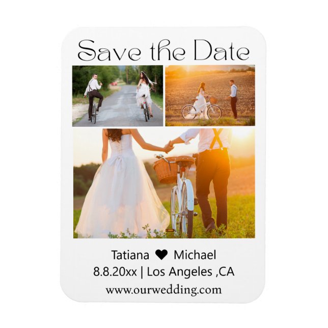 minimalist script 3 photos collage save the date  magnet (Vertical)