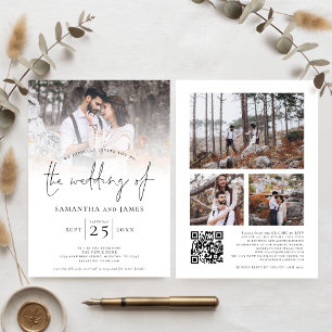 Minimalist Script 4 Photo QR Code Wedding Invitation