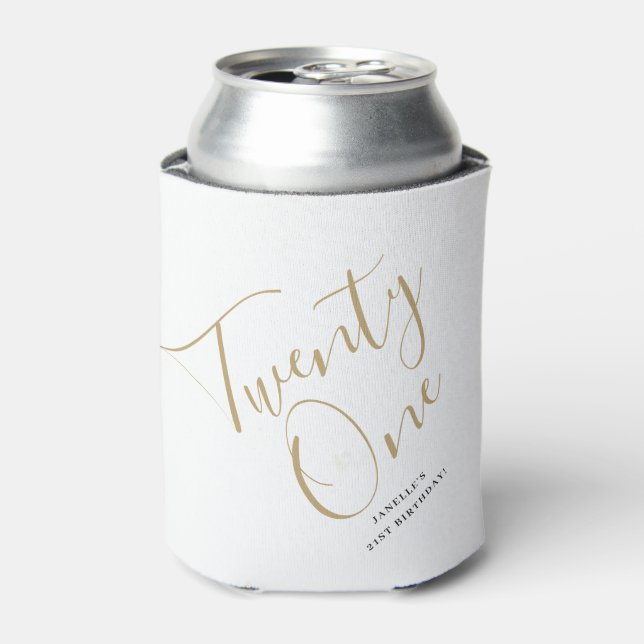 Minimalist Script Black and Gold 21st Birthday Can Cooler (Can Front)