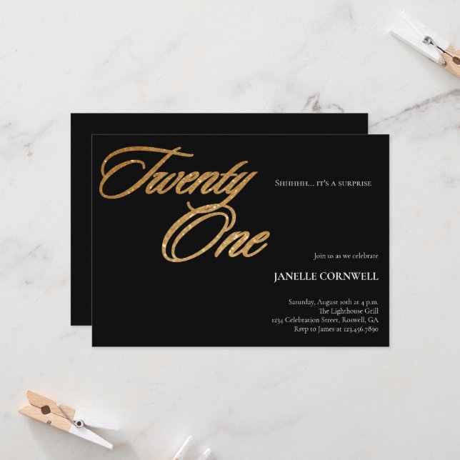 Minimalist Script Black and Gold 21st Birthday Invitation (Front/Back In Situ)