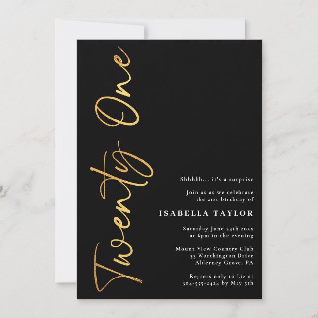 Minimalist Script Black and Gold 21st Birthday Invitation (Front)