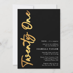 Minimalist Script Black and Gold 21st Birthday Invitation