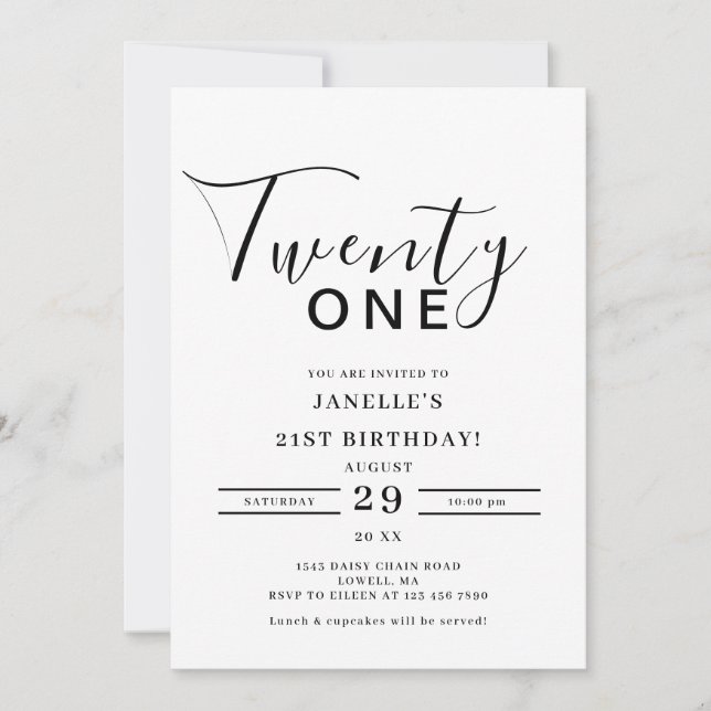 Minimalist Script Black and Gold 21st Birthday Invitation (Front)