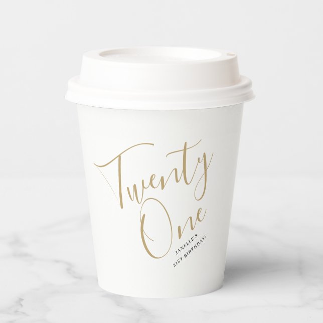 Minimalist Script Black and Gold 21st Birthday Paper Cups (Front)