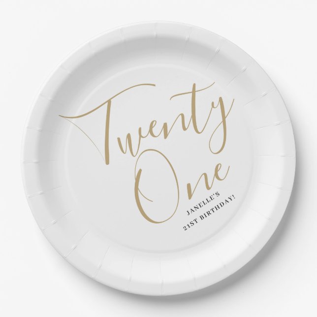 Minimalist Script Black and Gold 21st Birthday Paper Plate (Front)