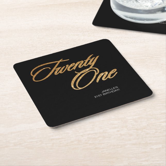 Minimalist Script Black and Gold 21st Birthday Square Paper Coaster (Angled)