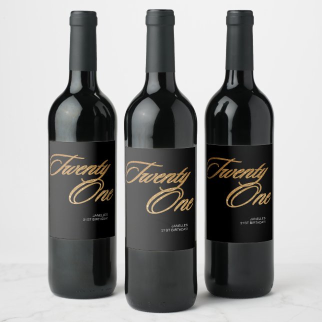 Minimalist Script Black and Gold 21st Birthday Wine Label (Bottles)