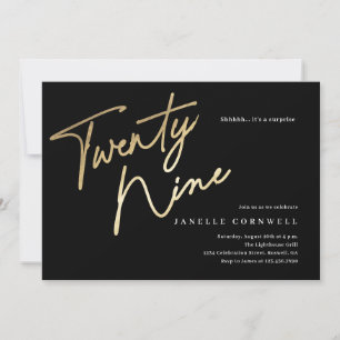 Minimalist Script Black and Gold 29th Birthday Invitation