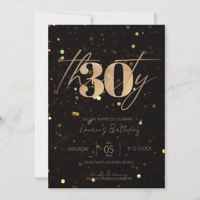 Minimalist Script Black and Gold 30th Birthday Invitation (Front)