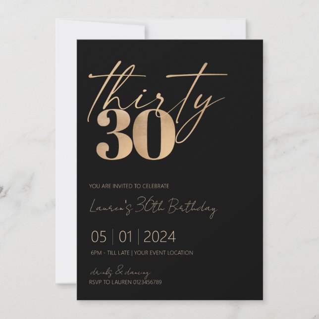 Minimalist Script Black and Gold 30th Birthday Invitation (Front)