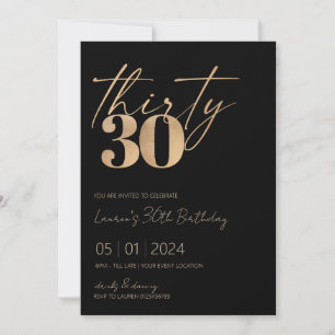 Minimalist Script Black and Gold 30th Birthday Invitation