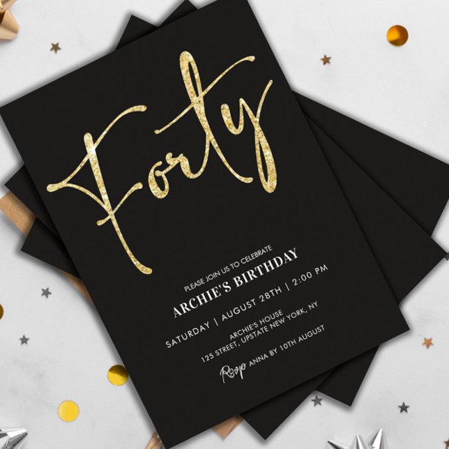 Minimalist Script Black and Gold 40th Birthday Invitation (40th birthday party invitation template)