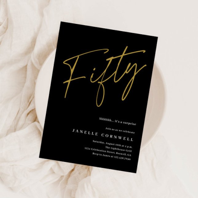 Minimalist Script Black and Gold 50th Birthday  (Elegant Modern Script Black and Gold 50th Birthday Party Invitation.)