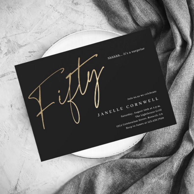 Minimalist Script Black and Gold 50th Birthday Invitation (Creator Uploaded)