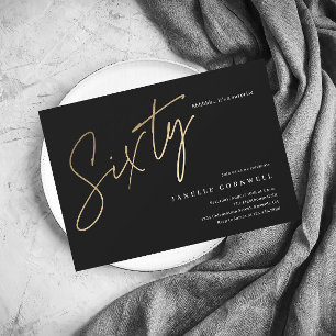 Minimalist Script Black and Gold 60th Birthday Invitation
