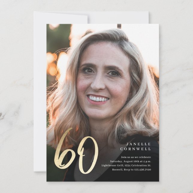 Minimalist Script Black and Gold 60th Birthday Invitation (Front)