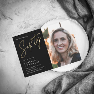 Minimalist Script Black and Gold 60th Photo Invitation
