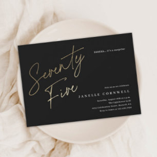 Minimalist Script Black and Gold 75th Birthday Invitation Postcard